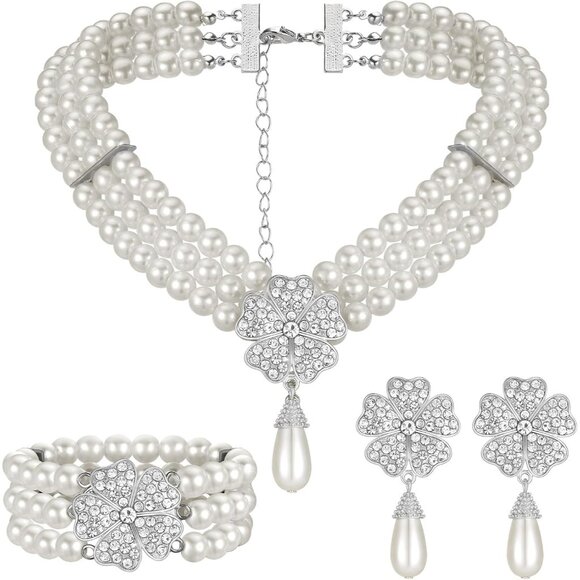 Jewelry - 3 Pcs 1920s Pearl Jewelry Set Includes Vintage Flapper Earrings Multilayer Imita